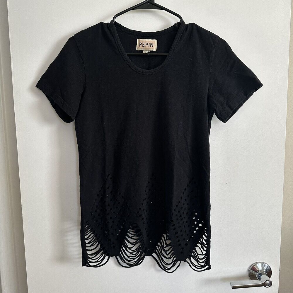 Anthropologie Pepin Women's Size Extra Small Black Distressed Cage Tee Shirt